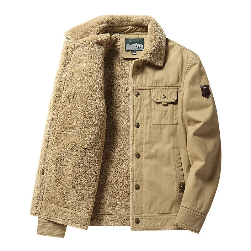 Men's fleece-lined cotton polo collar jacket in army green with regular fit