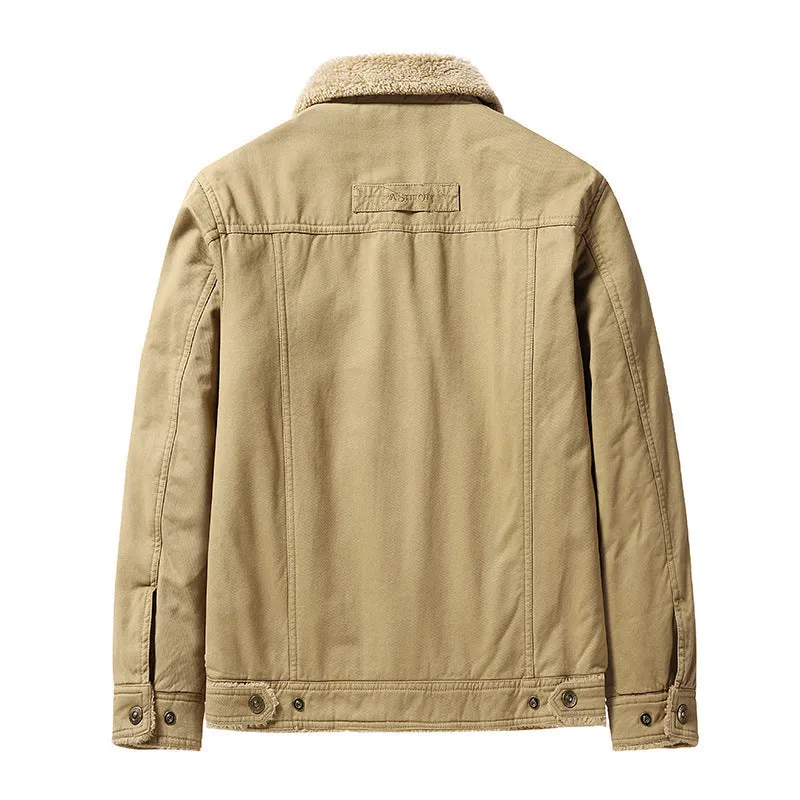 Men's fleece-lined cotton polo collar jacket in army green with regular fit