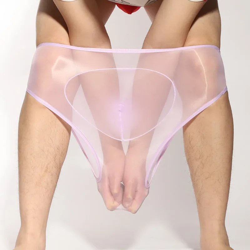 Ultra-thin transparent nylon men's briefs with bullet separation in various colours.