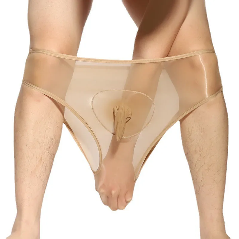 Ultra-thin transparent nylon men's briefs with bullet separation in various colours.