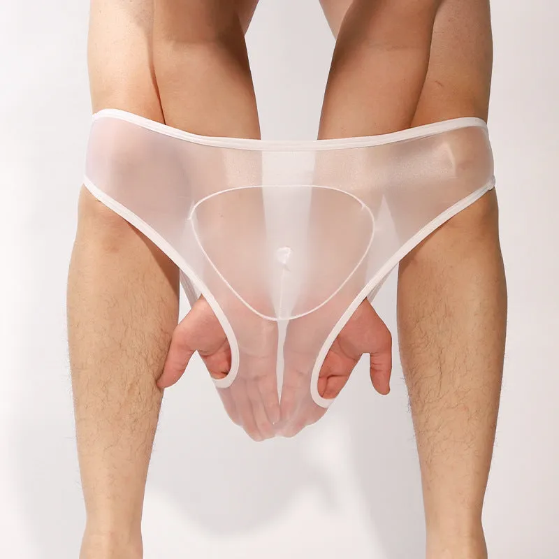 Ultra-thin transparent nylon men's briefs with bullet separation in various colours.