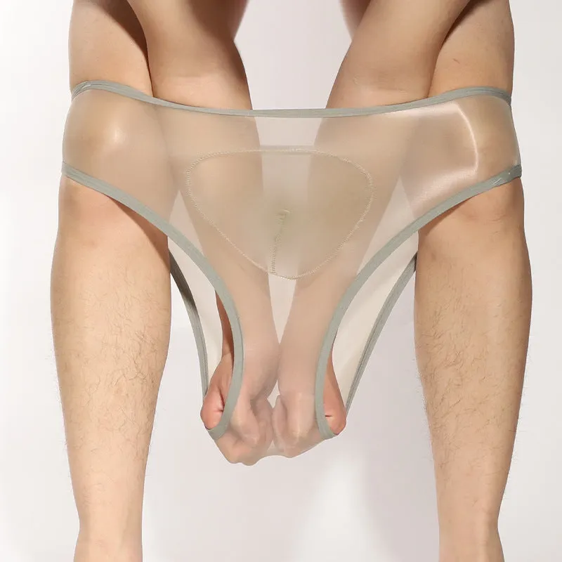 Ultra-thin transparent nylon men's briefs with bullet separation in various colours.