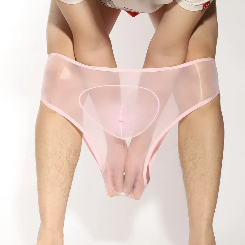 Ultra-thin transparent nylon men's briefs with bullet separation in various colours.