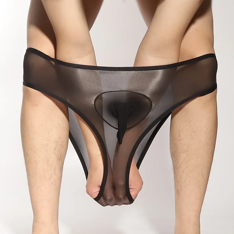Ultra-thin transparent nylon men's briefs with bullet separation in various colours.