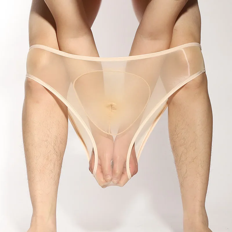 Ultra-thin transparent nylon men's briefs with bullet separation in various colours.