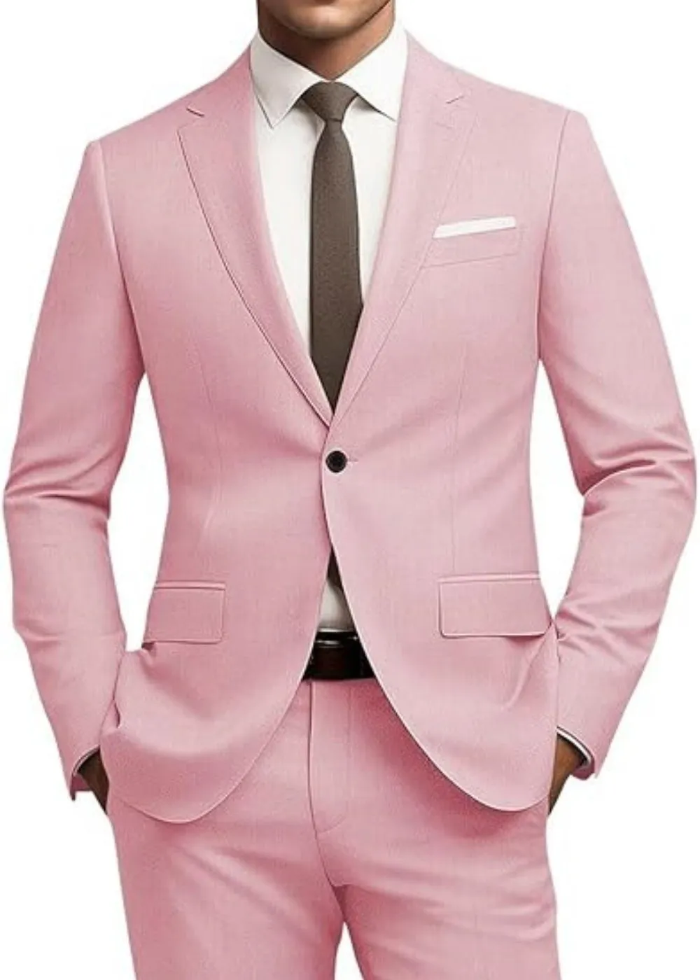 Men's slim fit 2-piece suit set with tie in gold colour, flat collar, nylon blended fabric, front view on mannequin.