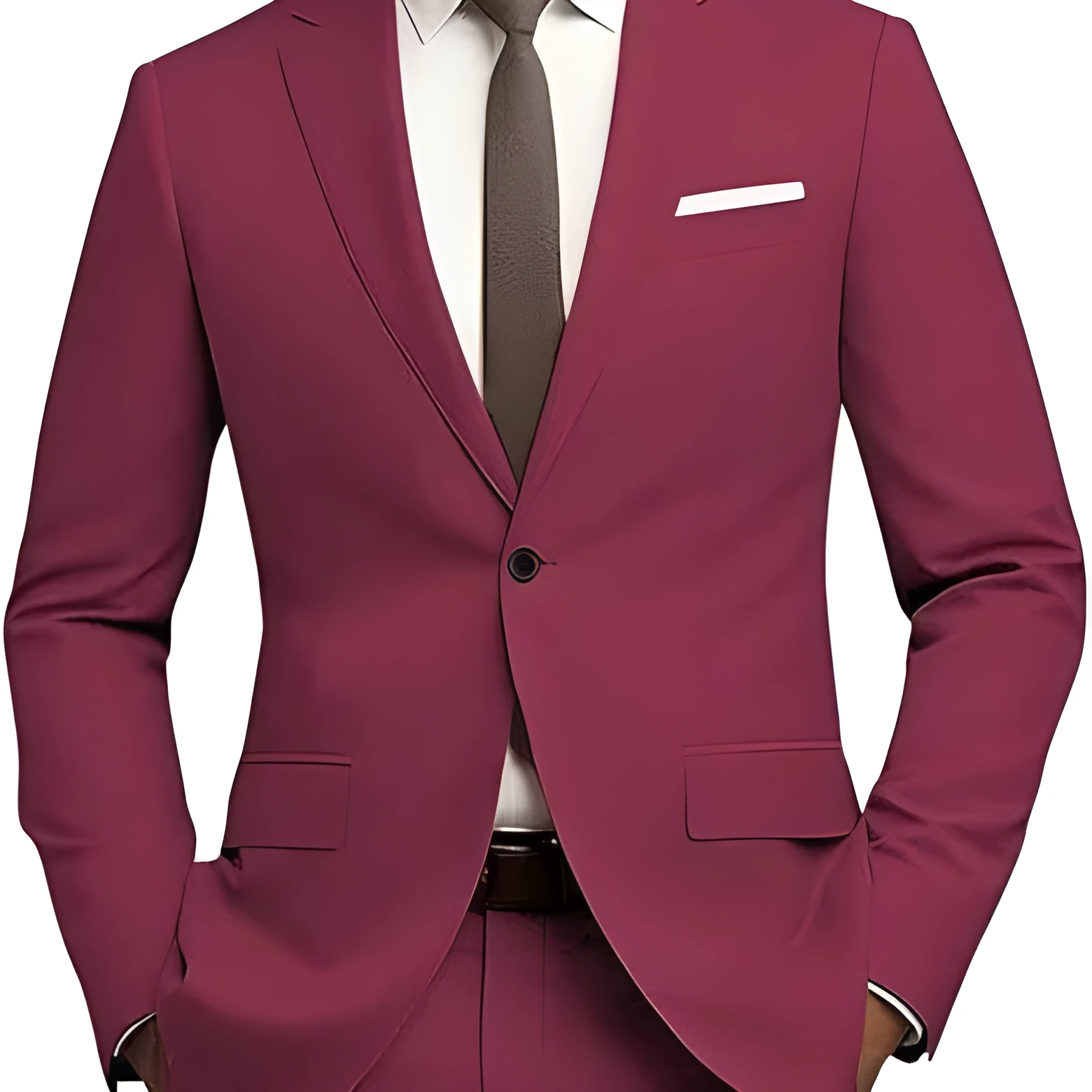 Men's slim fit 2-piece suit set with tie in gold colour, flat collar, nylon blended fabric, front view on mannequin.