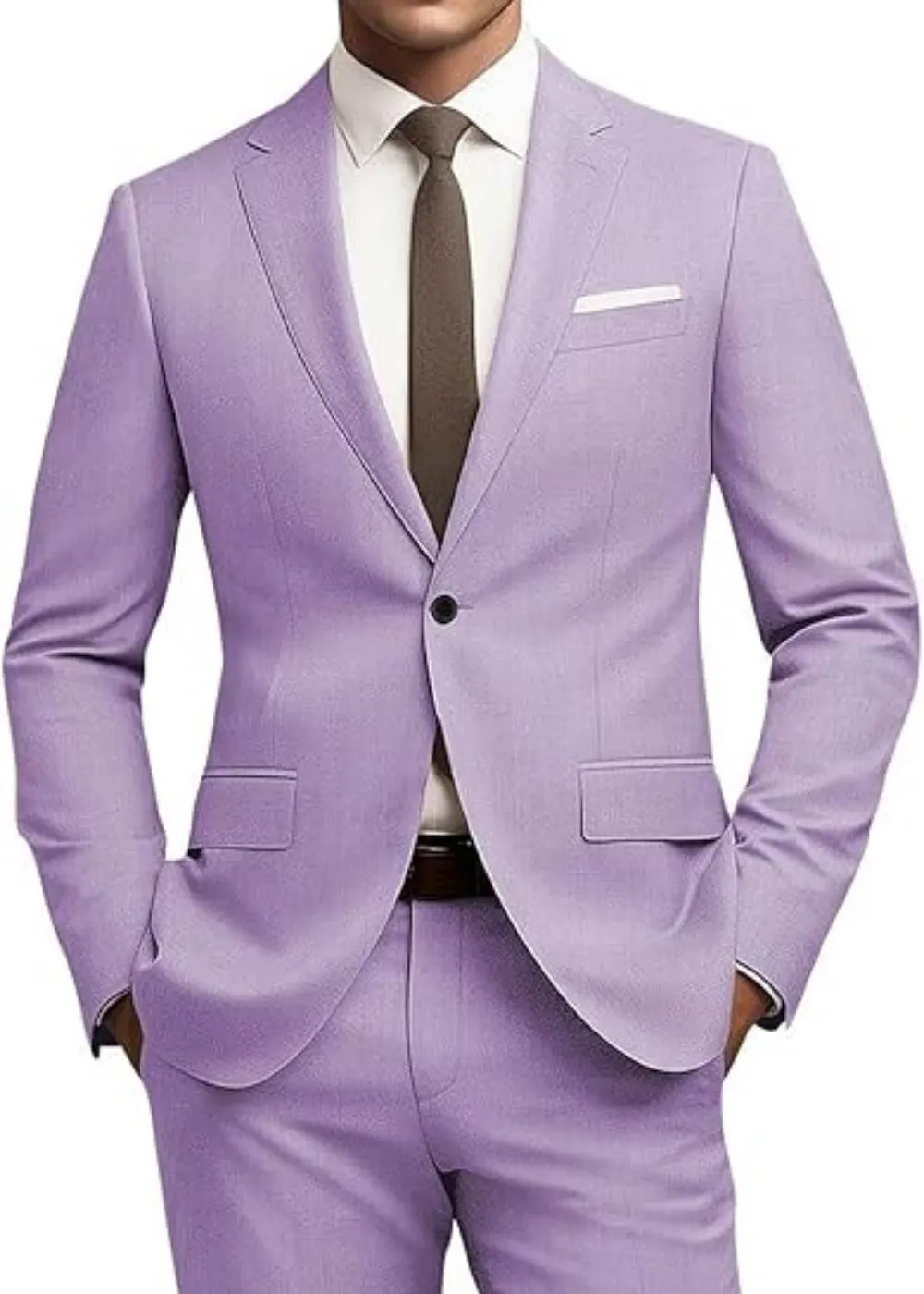 Men's slim fit 2-piece suit set with tie in gold colour, flat collar, nylon blended fabric, front view on mannequin.