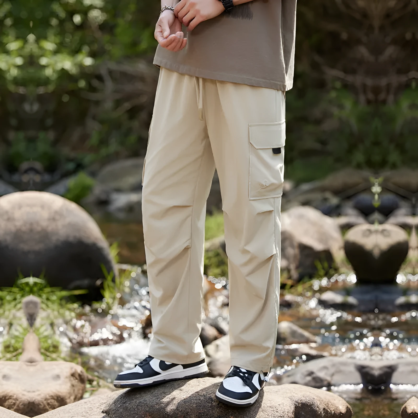 Rush men's summer quick-drying polyester cropped casual pants in khaki colour, front view