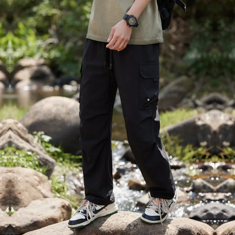 Rush men's summer quick-drying polyester cropped casual pants in khaki colour, front view