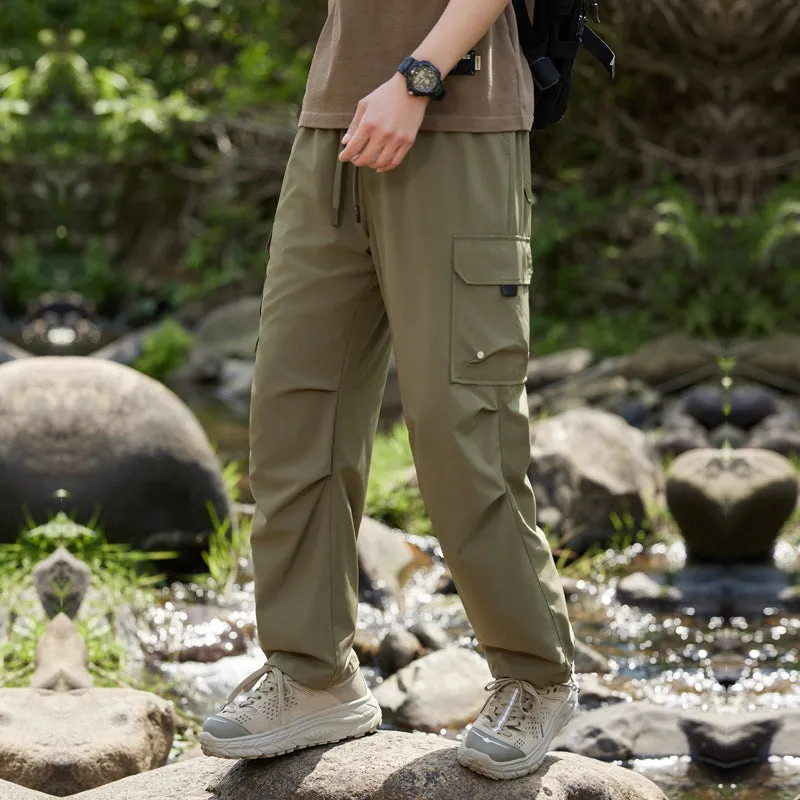 Rush men's summer quick-drying polyester cropped casual pants in khaki colour, front view