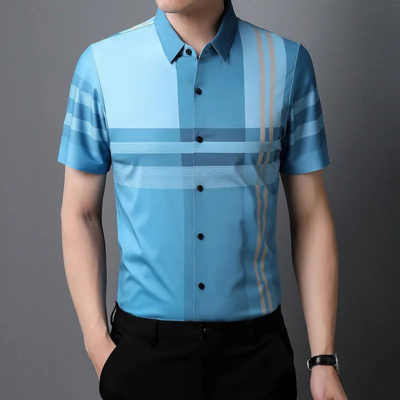 Men's slim fit plaid shirt in light blue – bamboo fibre fabric with button front and collar – casual long sleeve style