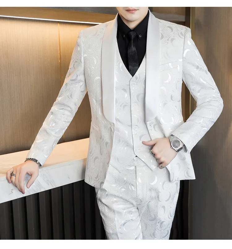 Men's slim fit three-piece wedding suit set in white and black with embossed fabric, jacket, vest, and trousers