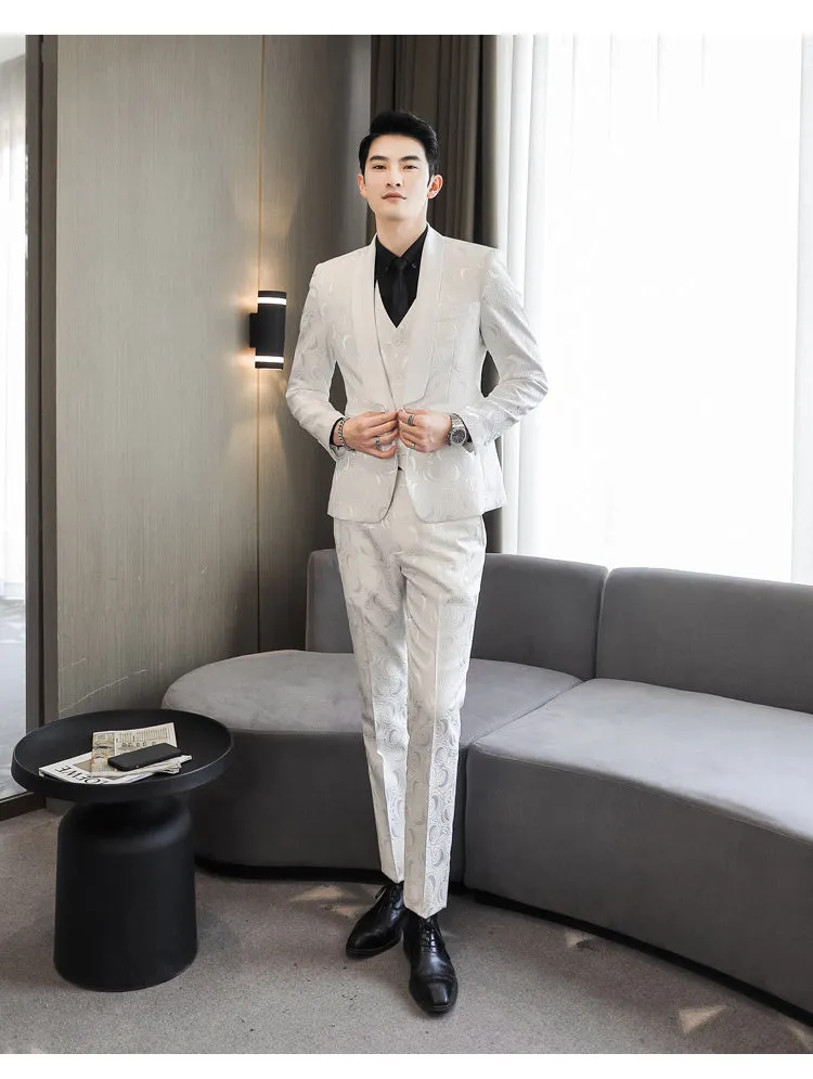 Men's slim fit three-piece wedding suit set in white and black with embossed fabric, jacket, vest, and trousers
