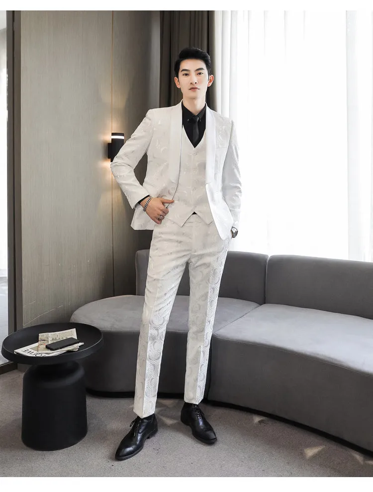 Men's slim fit three-piece wedding suit set in white and black with embossed fabric, jacket, vest, and trousers