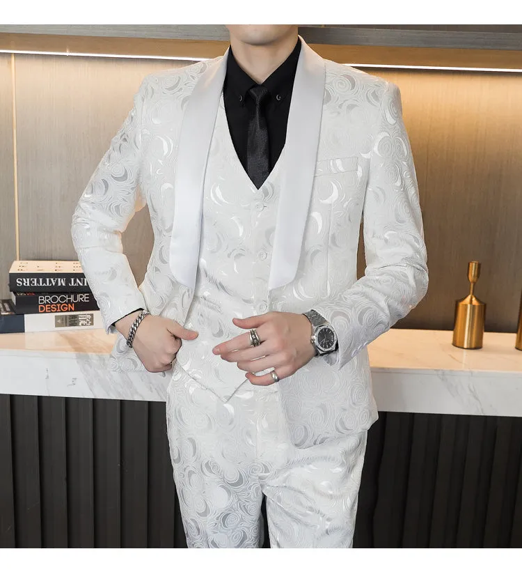 Men's slim fit three-piece wedding suit set in white and black with embossed fabric, jacket, vest, and trousers
