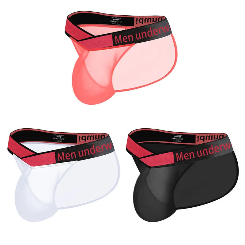 Men's transparent ice silk underwear briefs with a large V-cut gradient front in black.