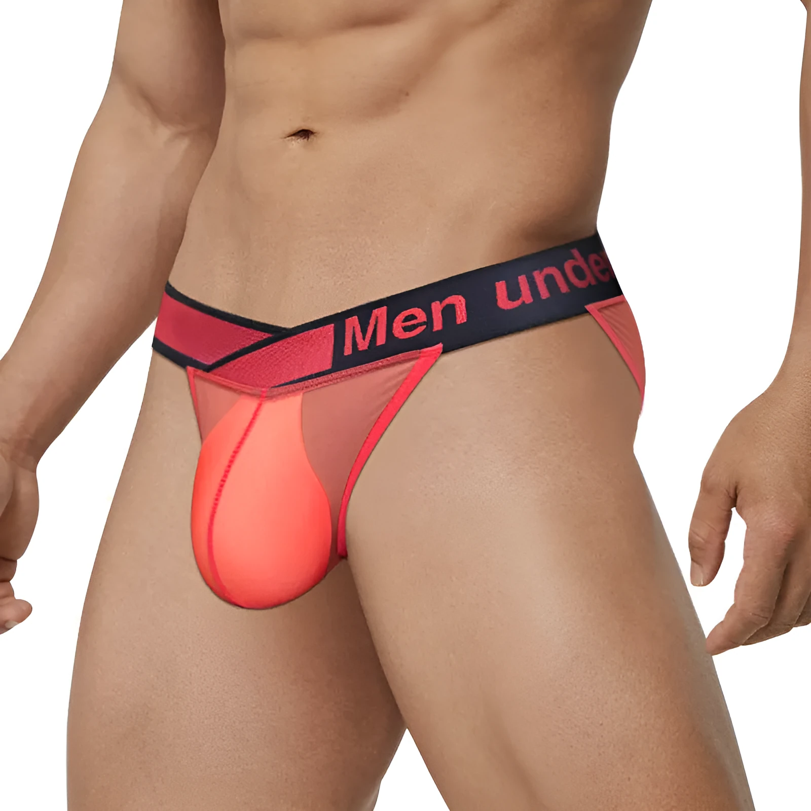 Men's transparent ice silk underwear briefs with a large V-cut gradient front in black.
