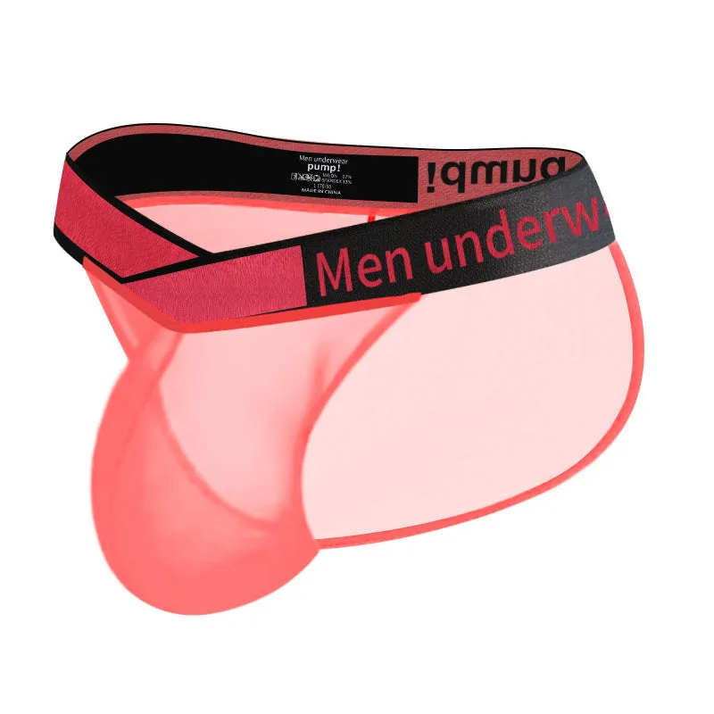 Men's transparent ice silk underwear briefs with a large V-cut gradient front in black.