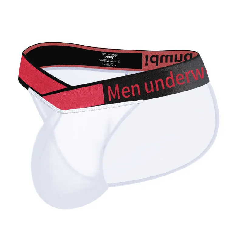 Men's transparent ice silk underwear briefs with a large V-cut gradient front in black.