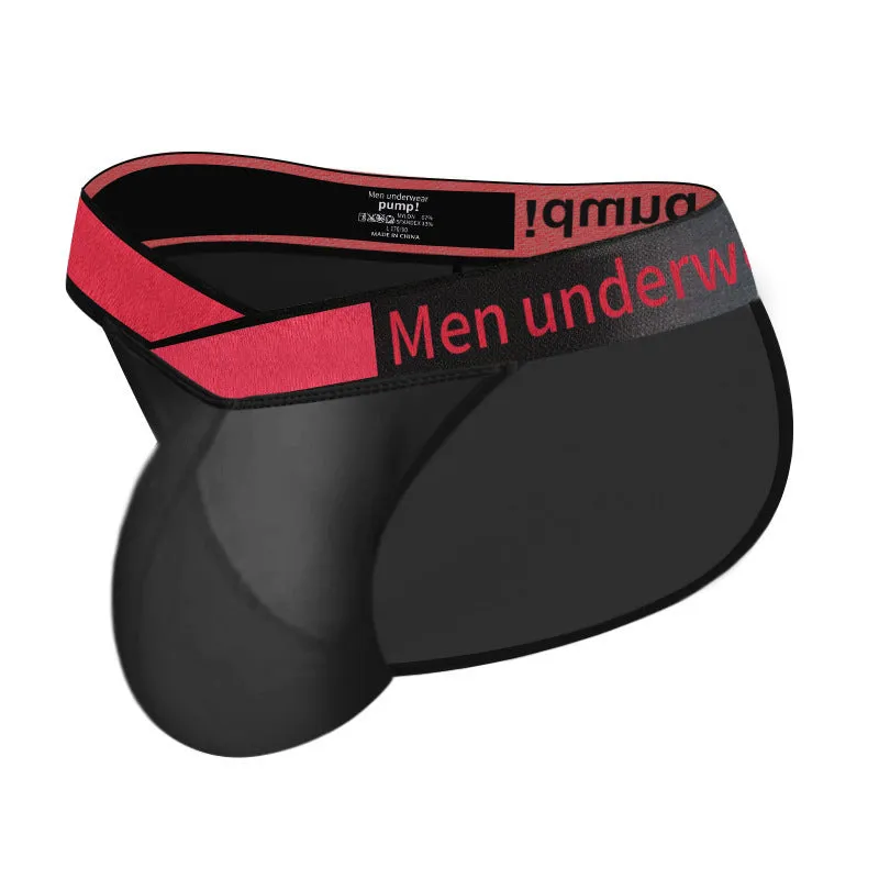 Men's transparent ice silk underwear briefs with a large V-cut gradient front in black.