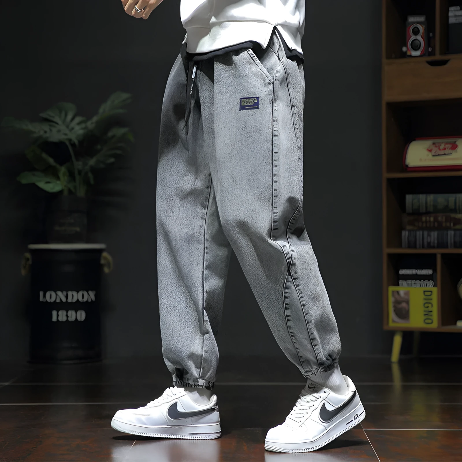Oversized loose fitting jeans for men in dark grey, black, and blue cotton blend, mid-rise waist, sizes M to 8XL