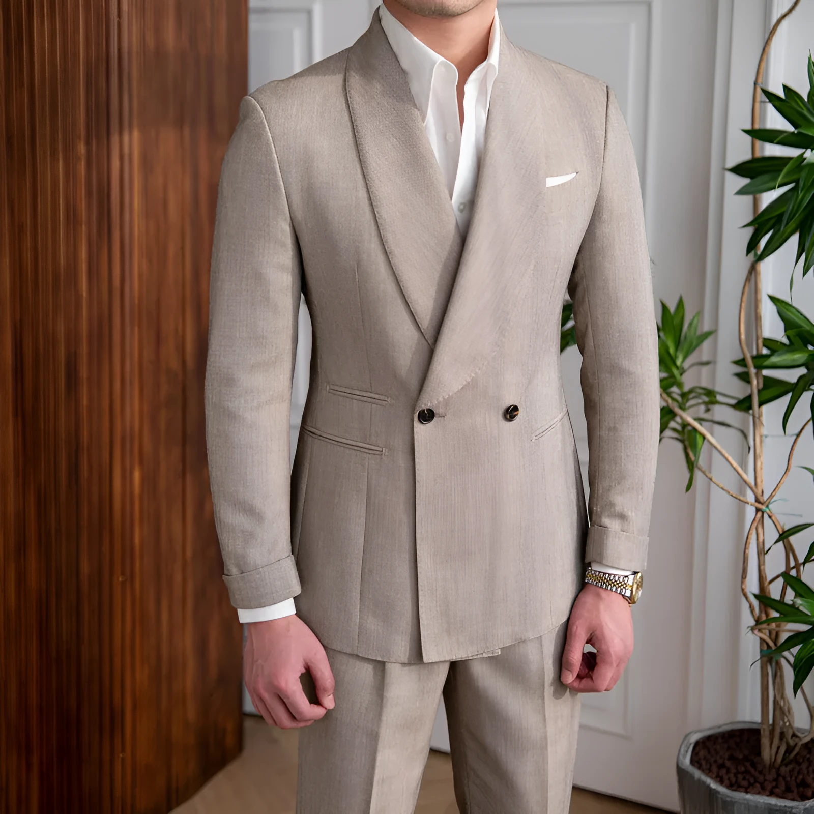 Double-breasted tuxedo suit jacket for men in light coffee colour, polyester, front view showing double-breasted buttons