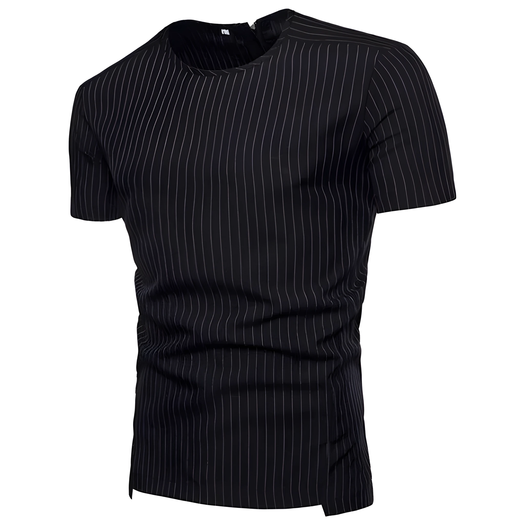 Mens O-neck T-shirt in 90% cotton with striped round neck, minimalist design, available in Black and Gray