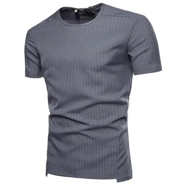 Mens O-neck T-shirt in 90% cotton with striped round neck, minimalist design, available in Black and Gray