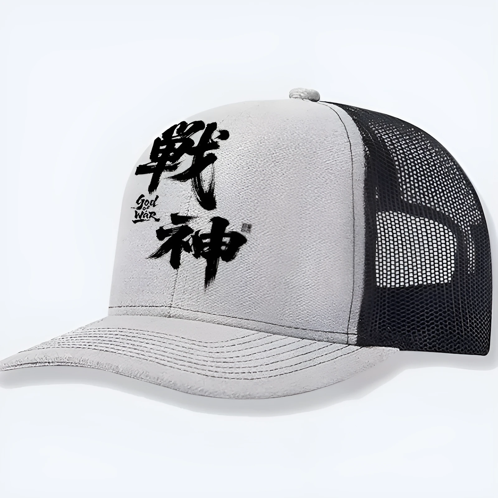 Men's polyester baseball cap shown in various colours including black, blue, and grey.