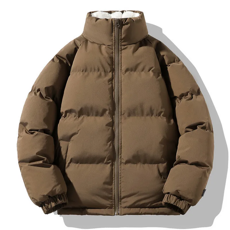 Men's thickened plus size stand-up collar downcotton-padded jacket in black, loose fit, side pockets, solid colour winter coat