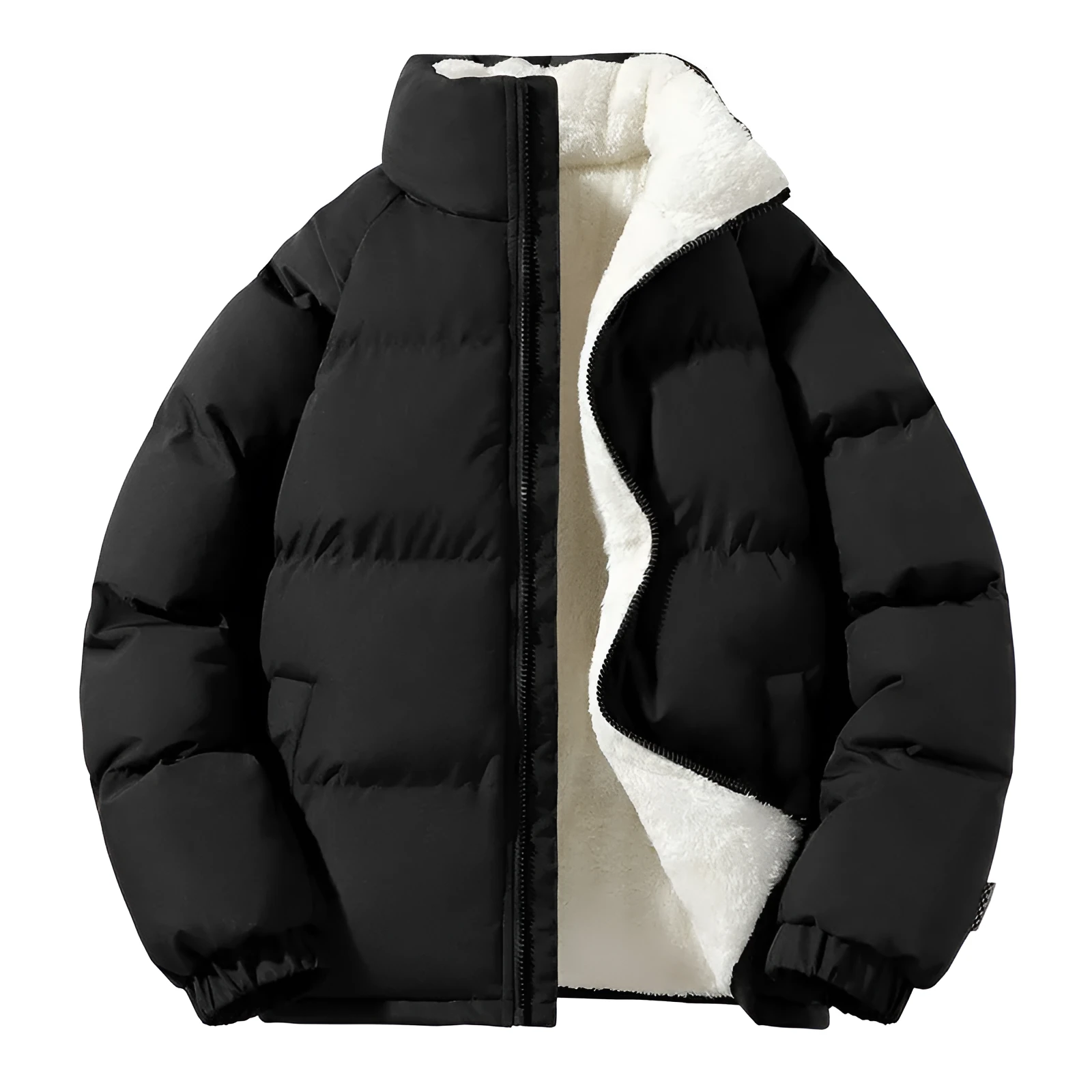 Men's thickened plus size stand-up collar downcotton-padded jacket in black, loose fit, side pockets, solid colour winter coat