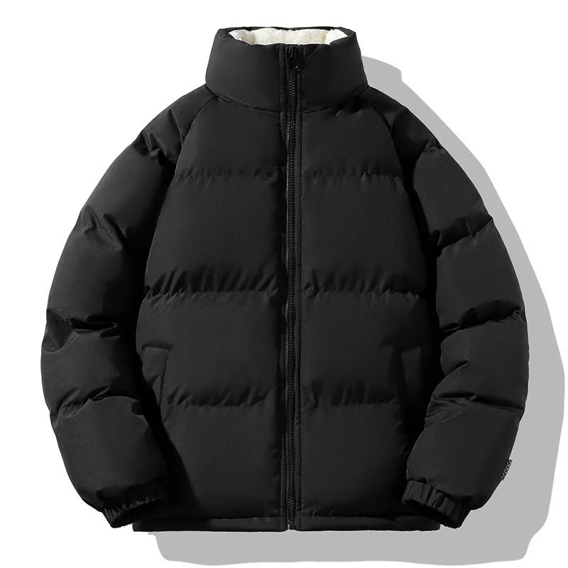 Men's thickened plus size stand-up collar downcotton-padded jacket in black, loose fit, side pockets, solid colour winter coat