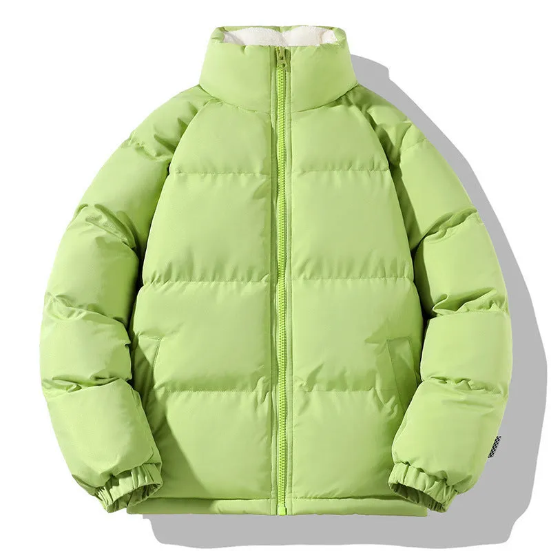 Men's thickened plus size stand-up collar downcotton-padded jacket in black, loose fit, side pockets, solid colour winter coat