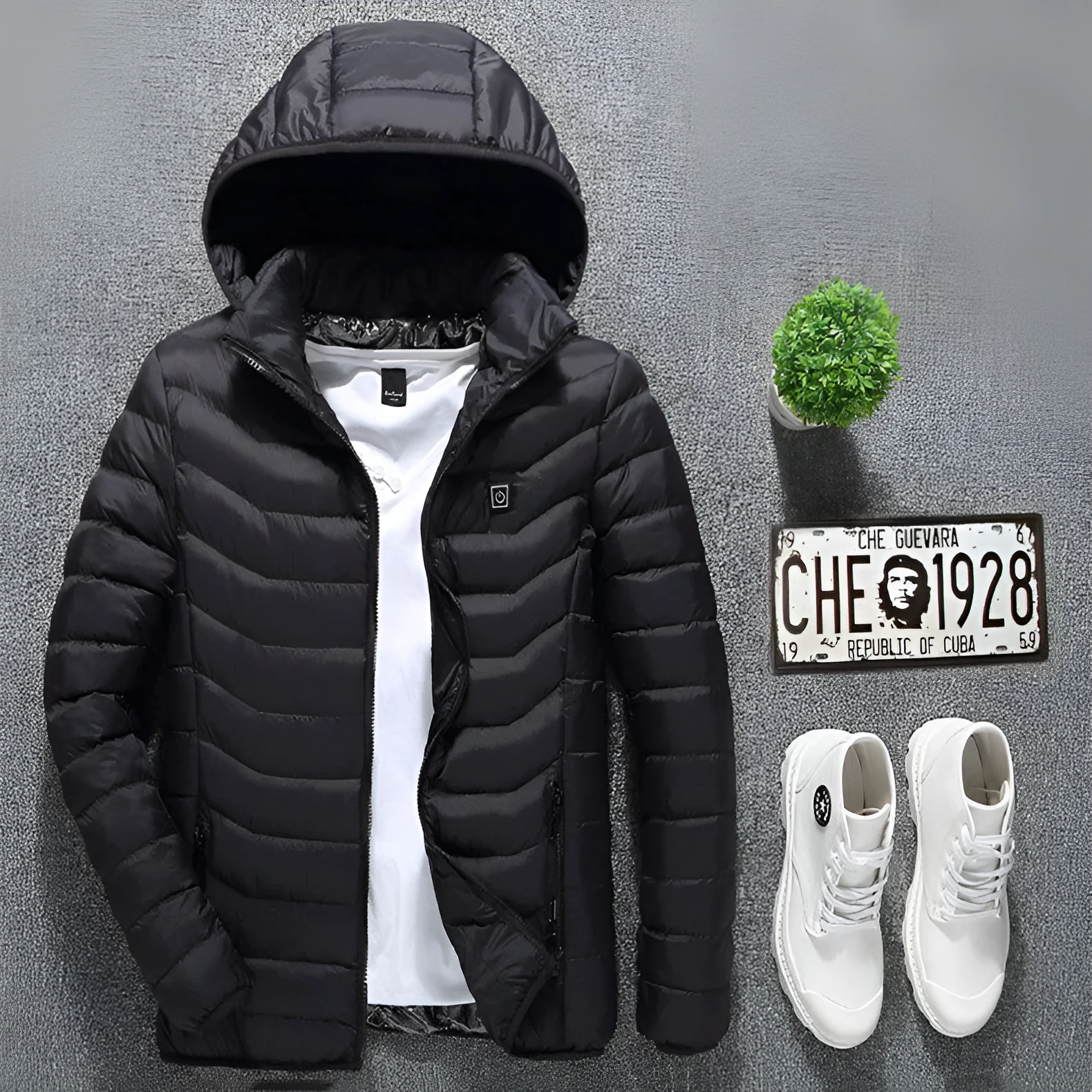 USB heated jacket in Black Zone 8 with hood and zipper, sizes S to 6XL