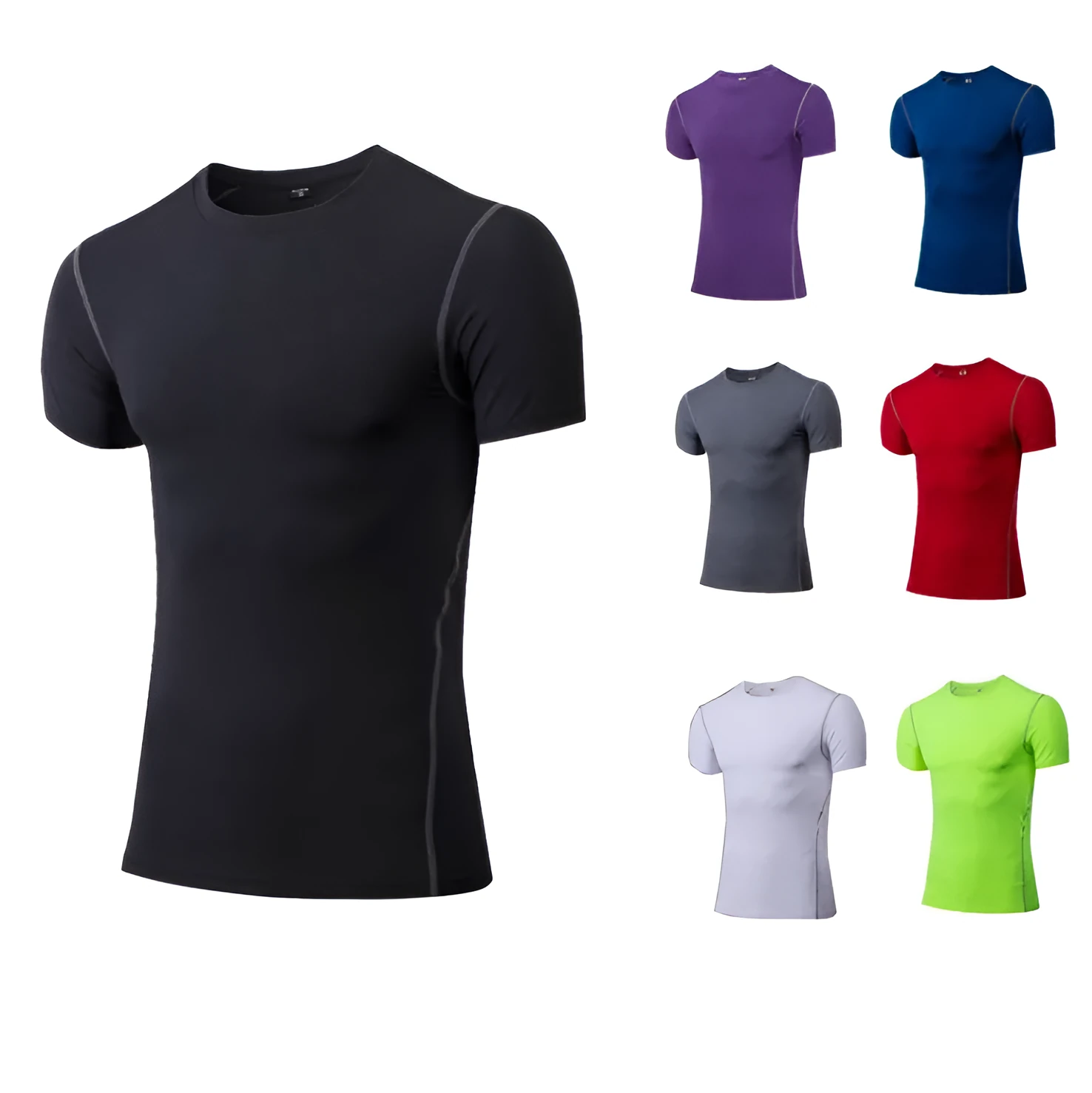 Men's cotton quick-dry sport shirt with four-needle six-wire stitching in black, close-fit design for workouts