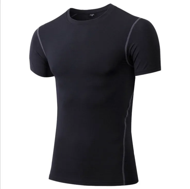 Men's cotton quick-dry sport shirt with four-needle six-wire stitching in black, close-fit design for workouts