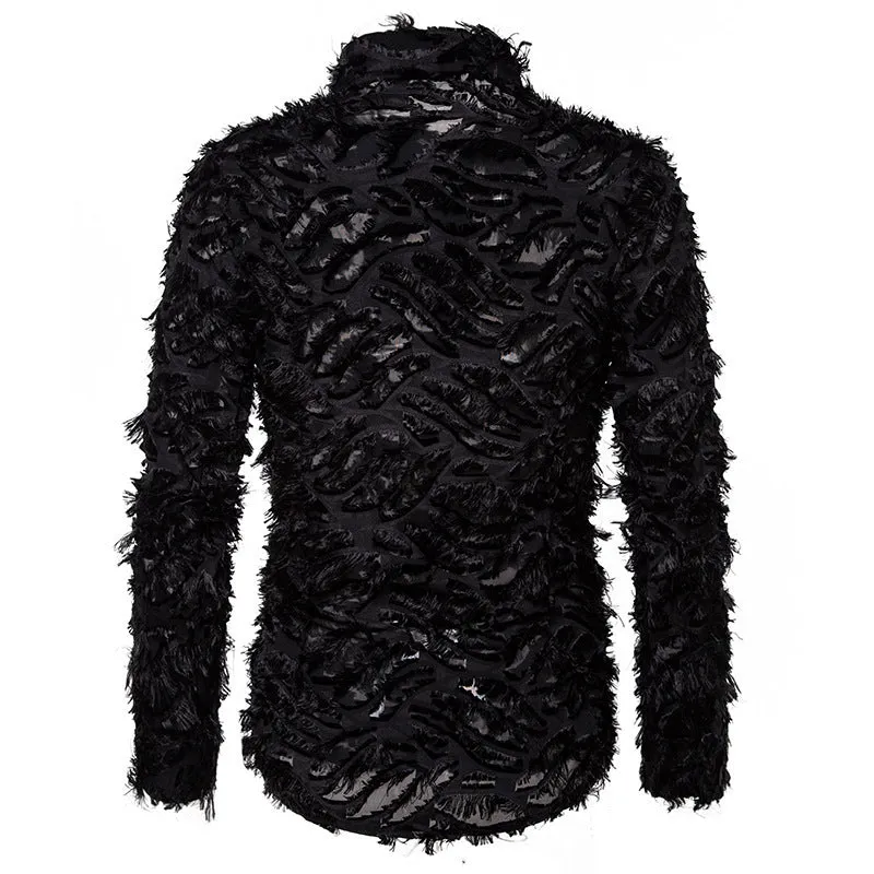 Feather tassel lapel shirt for men in black with non-iron cotton blended fabric