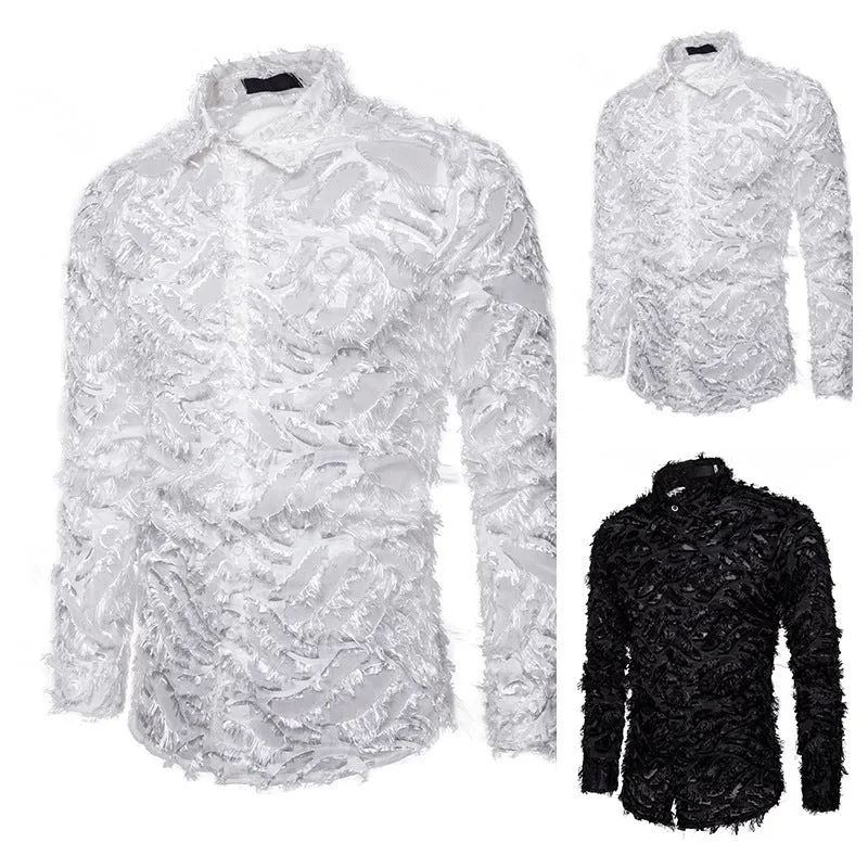 Feather tassel lapel shirt for men in black with non-iron cotton blended fabric