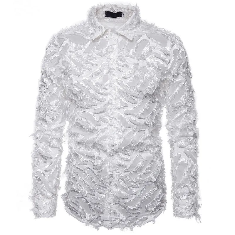 Feather tassel lapel shirt for men in black with non-iron cotton blended fabric