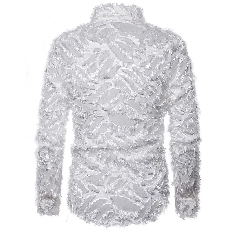 Feather tassel lapel shirt for men in black with non-iron cotton blended fabric