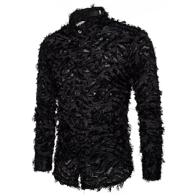 Feather tassel lapel shirt for men in black with non-iron cotton blended fabric