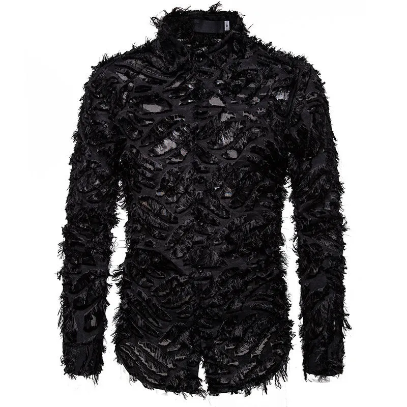 Feather tassel lapel shirt for men in black with non-iron cotton blended fabric