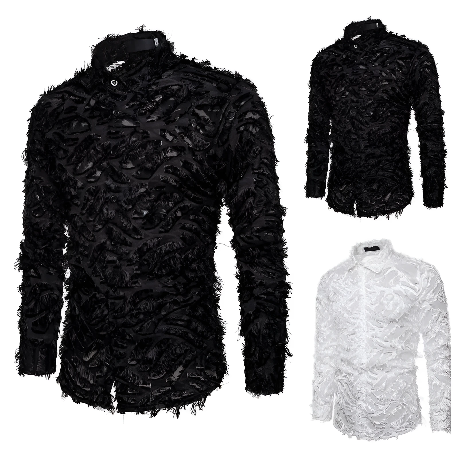 Feather tassel lapel shirt for men in black with non-iron cotton blended fabric