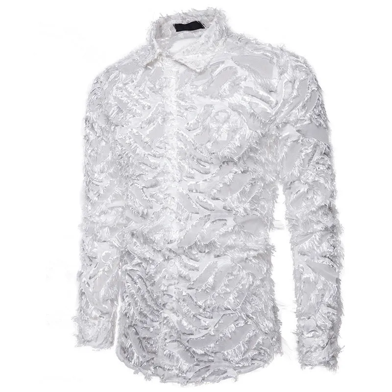 Feather tassel lapel shirt for men in black with non-iron cotton blended fabric
