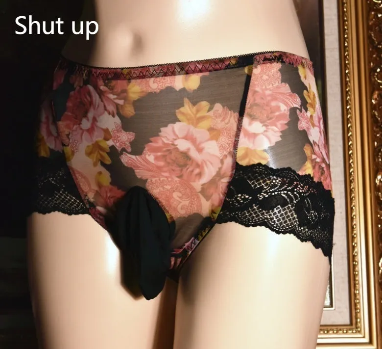 Men's printed mid-waist briefs in mesh fabric on a white background.
