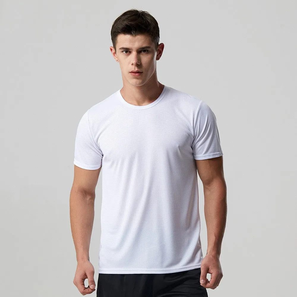 Men quick dry slim fit T-shirt short sleeve round neck solid colour running top