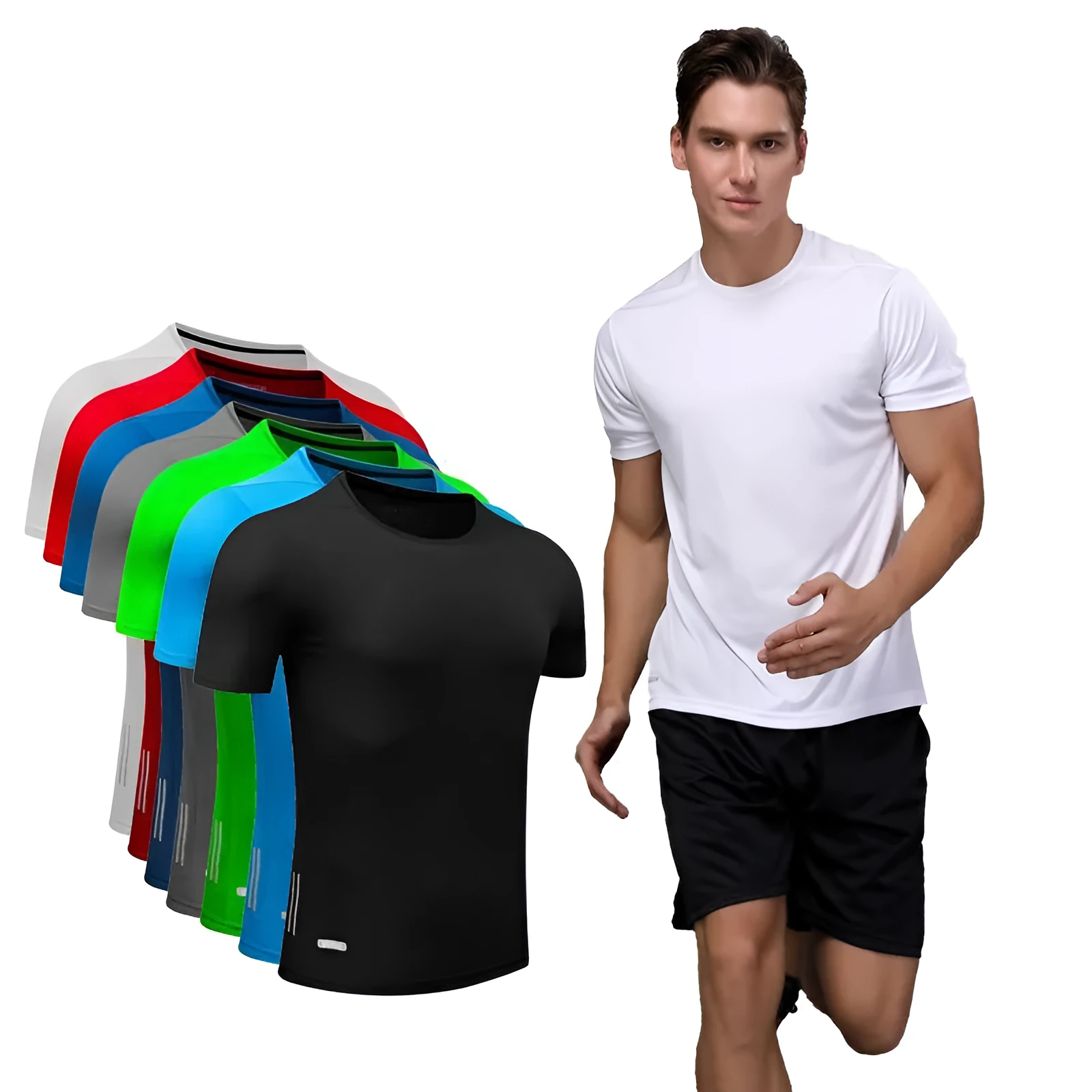 Men quick dry slim fit T-shirt short sleeve round neck solid colour running top