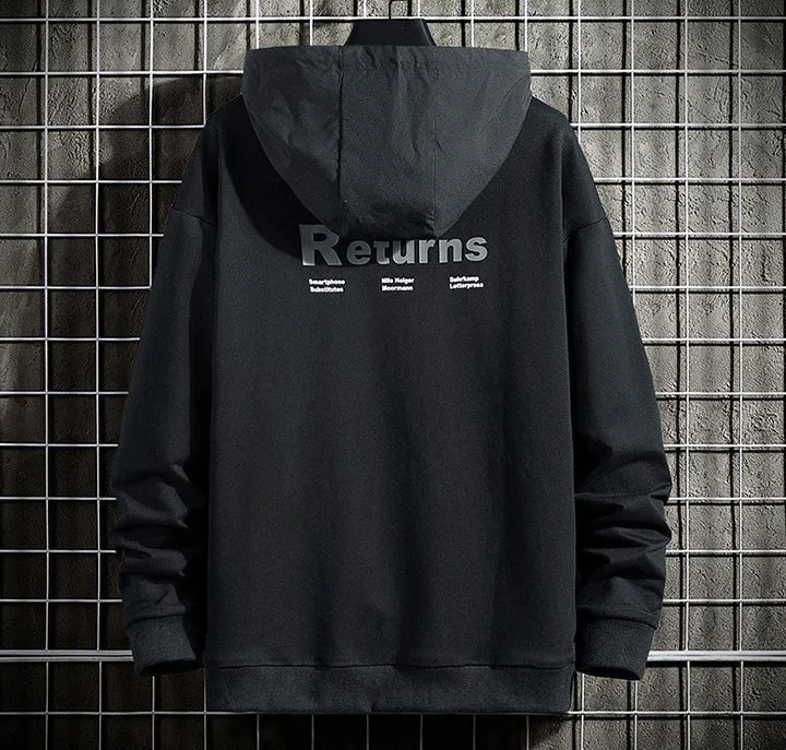 Men's Cotton Pullover Hoodie with Standing Collar Long Sleeves Athletic Style Loose Fit for Spring Autumn Leisure Daily Wear Black