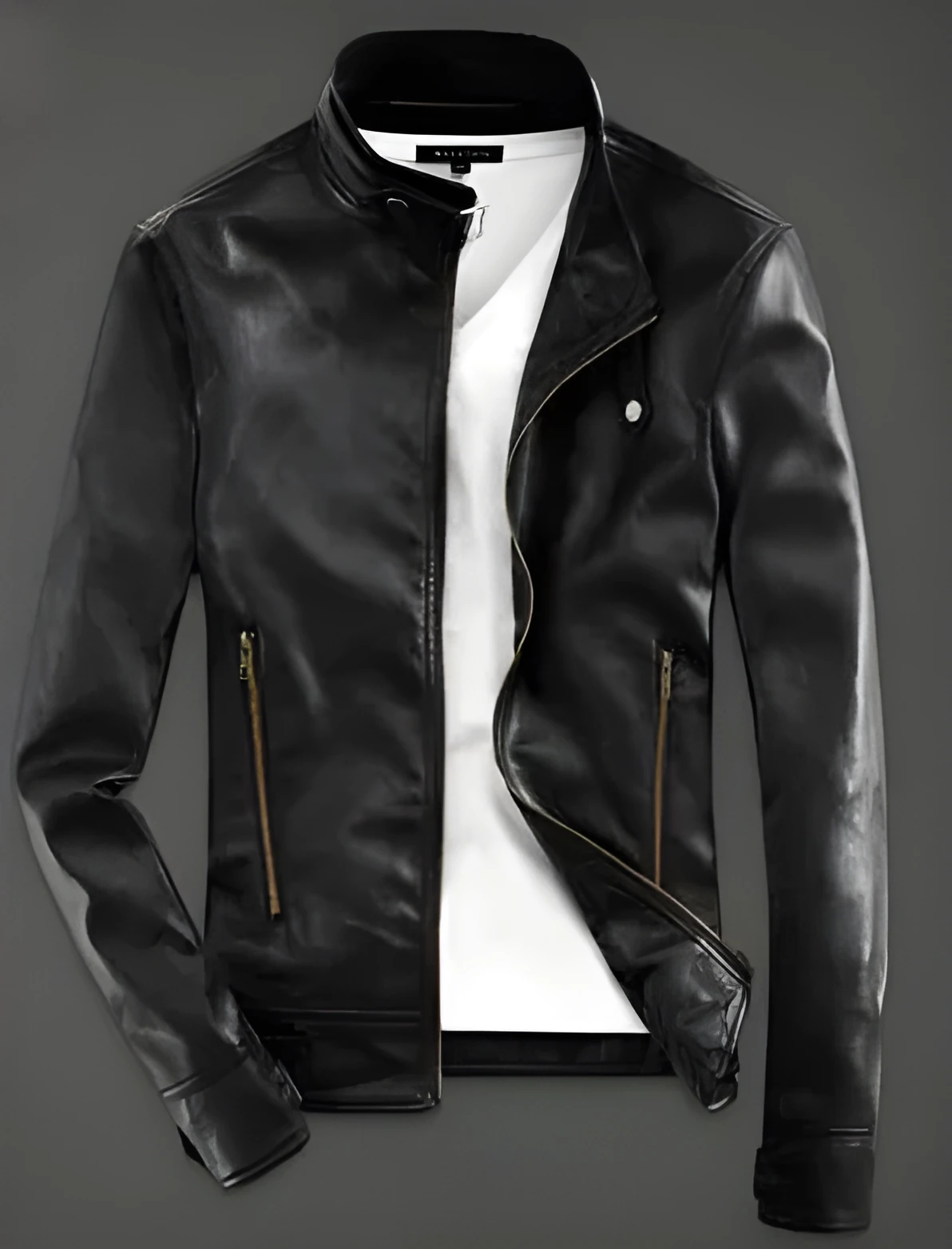 Men black PU leather biker jacket slim fit front view sizes S to 3XL